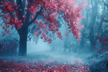 Enchanting Misty Forest with Vibrant Red Foliage
