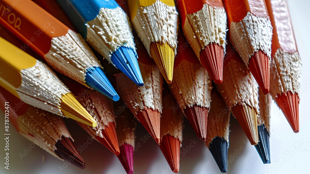 Poster a collection of vibrant colored pencils arranged in a fan pattern on a white background.generative a