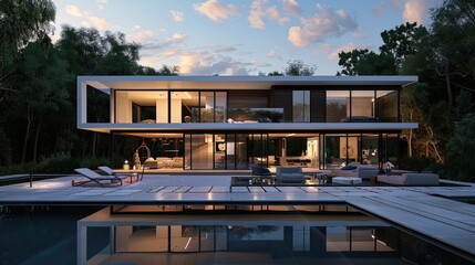 Obraz premium Modern luxury house with glass walls and outdoor pool at twilight surrounded by trees. Architectural photography with evening sky. Contemporary living and outdoor relaxation concept for design