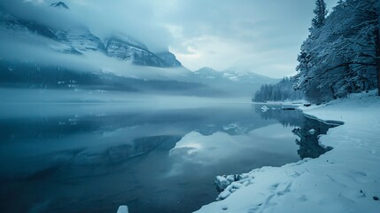 Fototapeta premium Serene Winter Landscape with Snow-Covered Mountains and Misty Lake