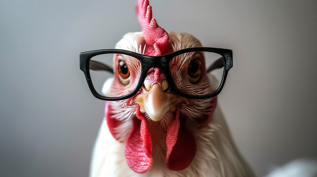 Close-up of a chicken wearing black glasses, displaying a quirky and humorous concept, with a plain background. high quality