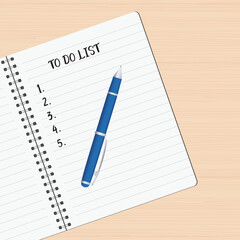 Notepad and pen on wood table. Blank paper sheet on wooden background. To do list, notes. Business or education concept banner.