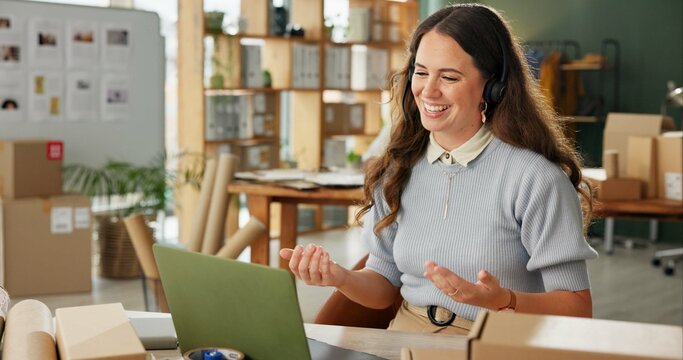 Woman, laptop and video call in home for startup, website and market research with investors. Entrepreneur, smile and tech in house for small business, clients and networking with social media