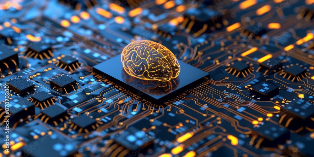 Poster a brain model symbolizes ai technology on a circuit board, blending digital innovation and cuttinged
