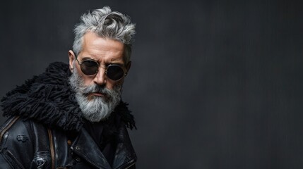 A man with silver hair and beard, wearing a leather jacket, looks thoughtfully off camera