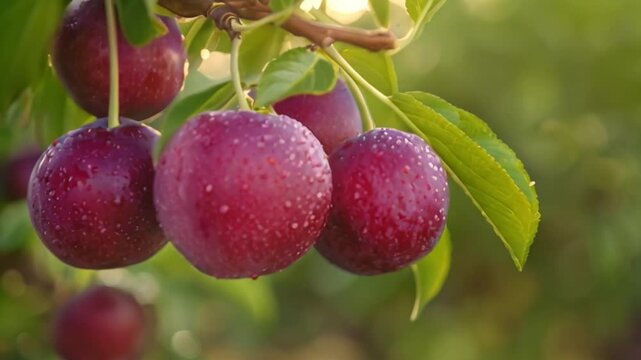 Close-up of ripe purple plums hanging from a branch in a plum orchard, glistening with dew drops.