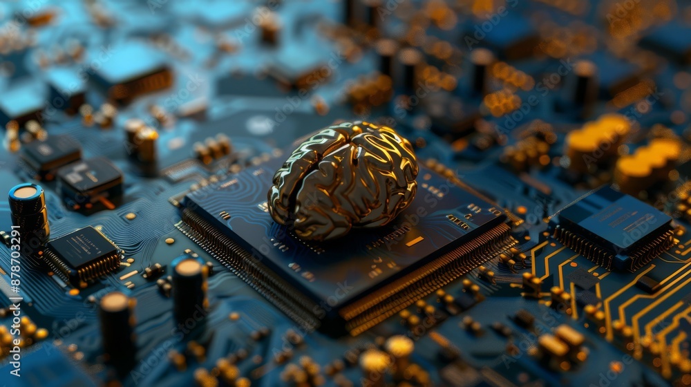 Poster a brain model symbolizes ai technology on a circuit board, blending digital innovation and cuttinged