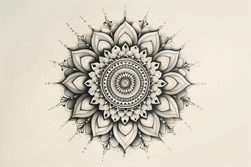 The image is a detailed sketch of a mandala, ideal for a tattoo design. It features intricate patterns with multiple layers of petals and geometric shapes radiating from the center. 