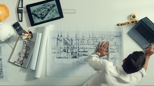 Top view of smart civil engineer drawing and measuring blueprint by using ruler. Aerial view of architect scatch building project plan at meeting table with equipment and safety helmet. Alimentation.