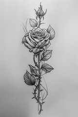 
A botanical tattoo showcasing a detailed rose with leaves and thorns, elegantly wrapped around the wrist or ankle