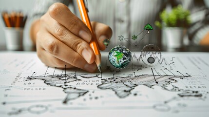 Hand Drawing a World Map with Environmental and Technological Elements