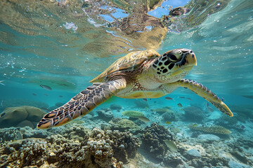 Obraz premium A sea turtle swimming gracefully underwater in clear blue waters, surrounded by coral reefs and fish, capturing the beauty of marine life.
