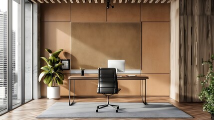 Minimalist Home Office with Large Bulletin Board,3D Render