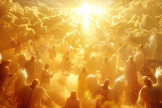 A choir of angels singing carols in a heavenly setting among a large gathering of people standing in the clouds, Choir of angels singing carols in a heavenly setting