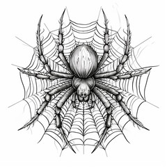 Fototapeta premium Hunting Spider: Create a primitive tattoo of a spider perched on a web. Utilize radiating lines for the web and a triangular shape for the spider's body. Include multiple short lines for its legs and 