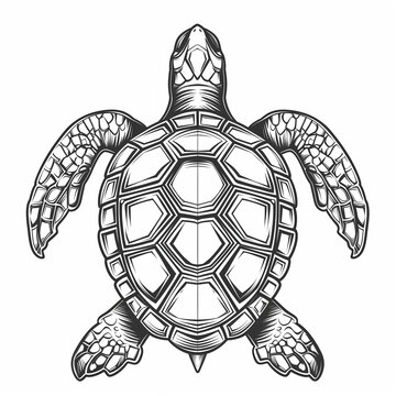  a turtle with a strong, geometric shell design. Use bold lines for the legs and head, and a small circle for its eye. Add simple lines for its claws and a triangular beak