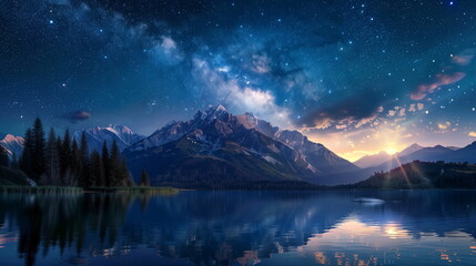 A tranquil mountain range under a starry sky