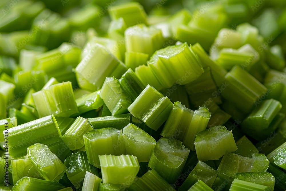 Poster Stack of various fresh green vegetables chopped and ready for cooking on a wooden table, Chopping celery into small pieces