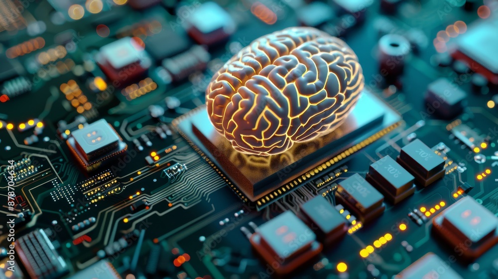 Poster a conceptual image illustrates a brain on a circuit board, symbolizing the integration of ai and tec