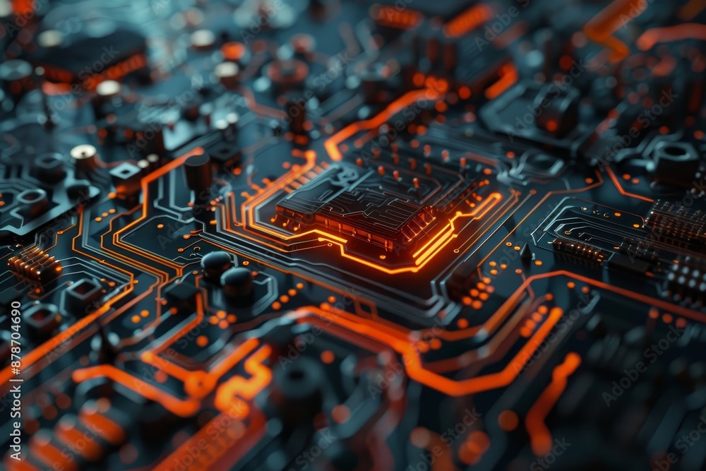 Poster detailed view of a computer circuit board showing intricate patterns and geometric shapes, circuit b