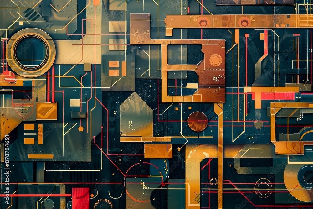 Poster an abstract painting featuring a multitude of intersecting lines and geometric shapes, circuit board