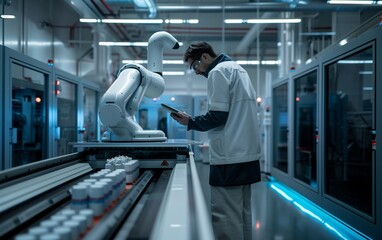 Male scientist analyzing data with a robotic arm in a state of the art laboratory highlighting automation technology in scientific research and development