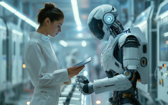 Female technician and humanoid robot working together on an automated production line in an advanced factory setting demonstrating robotics technology in manufacturing