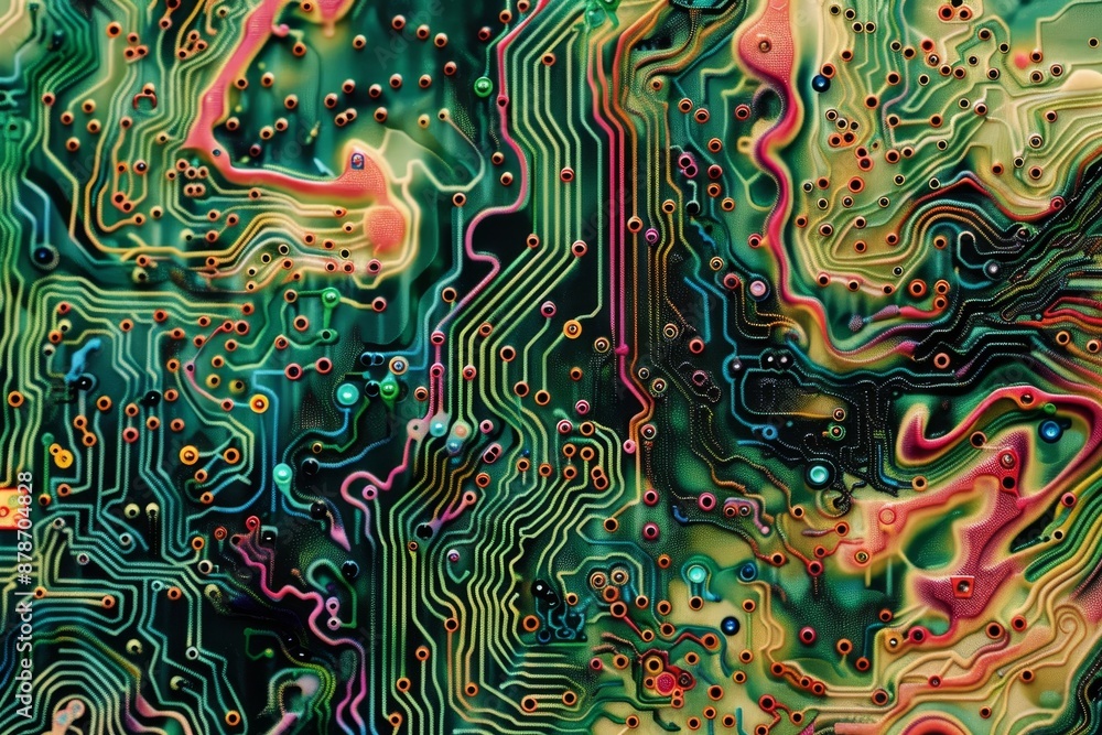 Poster detailed view of the circuit board patterns showing signs of chaos and disturbance, circuit board pa