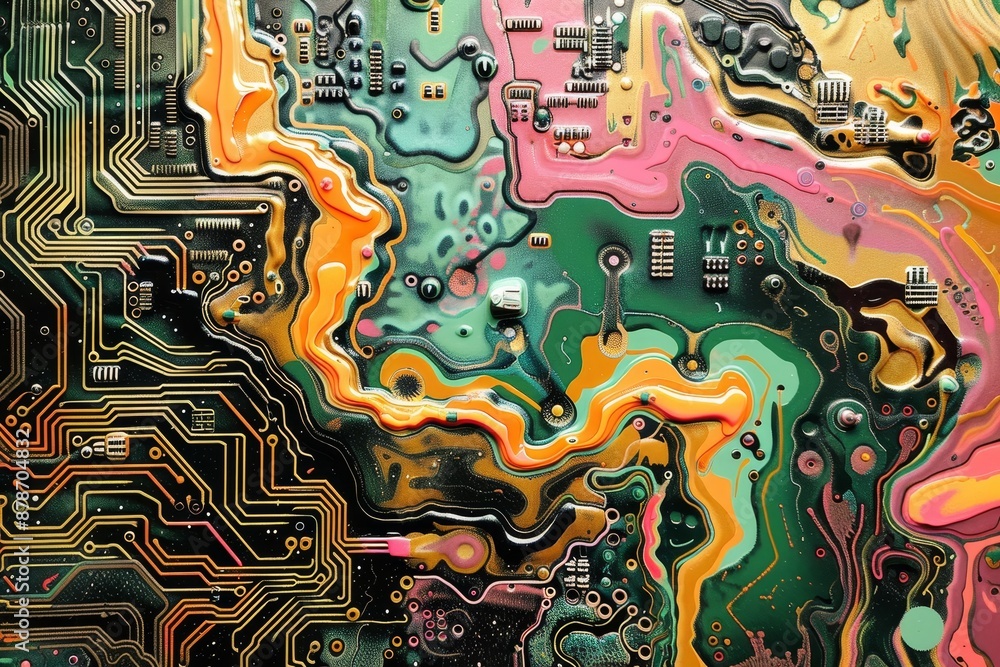 Poster intricate patterns on a computer circuit board, showing components melding into chaos, circuit board