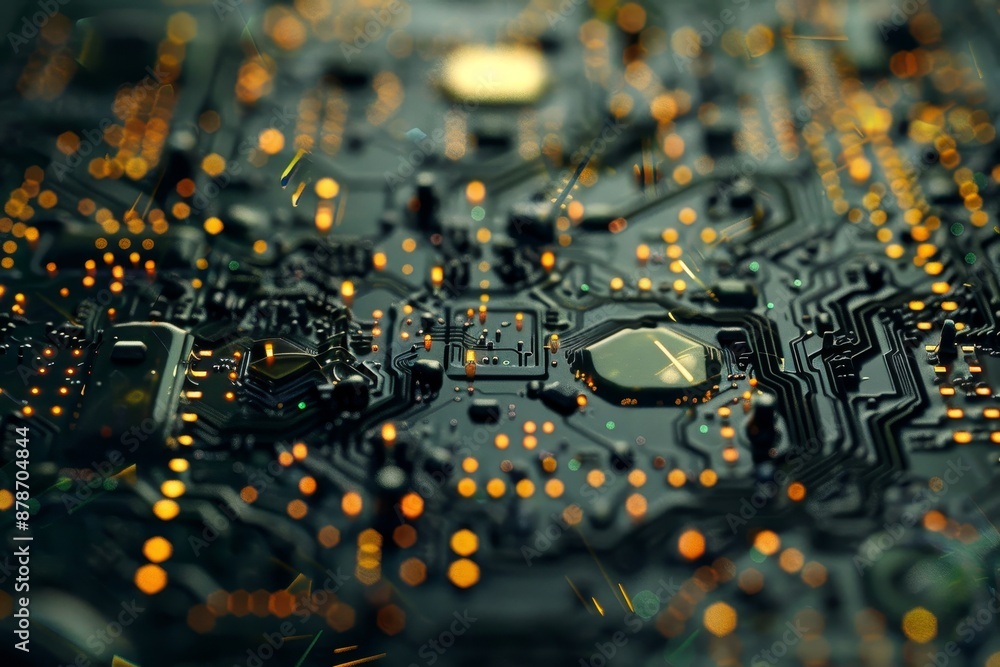 Poster detailed view of a computer circuit board with intricate patterns blending into chaos, circuit board