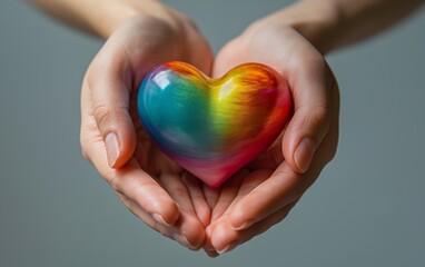 Hands holding a colorful pride heart symbolizing love diversity and inclusivity with a focus on compassion and unity