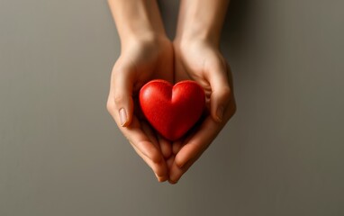 Obraz premium Hands holding a red heart symbolizing love compassion and unity with a focus on affection and care