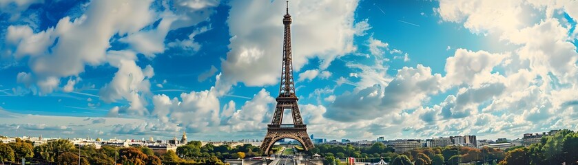 Panoramic view of the Eiffel Tower against a vibrant blue sky with fluffy clouds and surrounding greenery in Paris, France