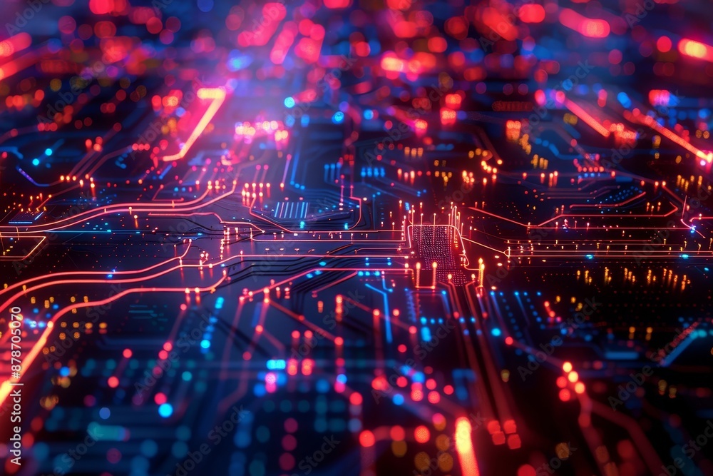 Poster detailed view of circuits and nodes on a computer motherboard creating a digital ecosystem, circuits