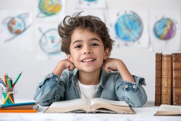 Naklejka premium Portrait of an boy studying on a white background