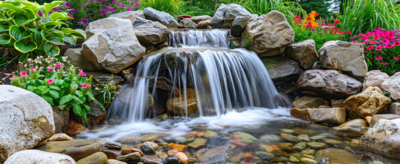 Cascade waterfall with stones and flowers at house backyard, water in landscaped home garden, landscaping in summer. Concept of nature, background, design, travel