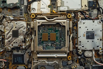 Detailed view of a computer motherboard with numerous wires connected, Circuit boards exposed in a dismantled smartphone
