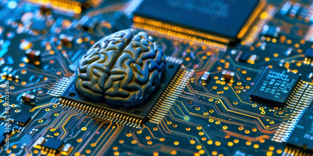 Poster a brain model symbolizes ai technology on a circuit board, blending digital innovation and cuttinged
