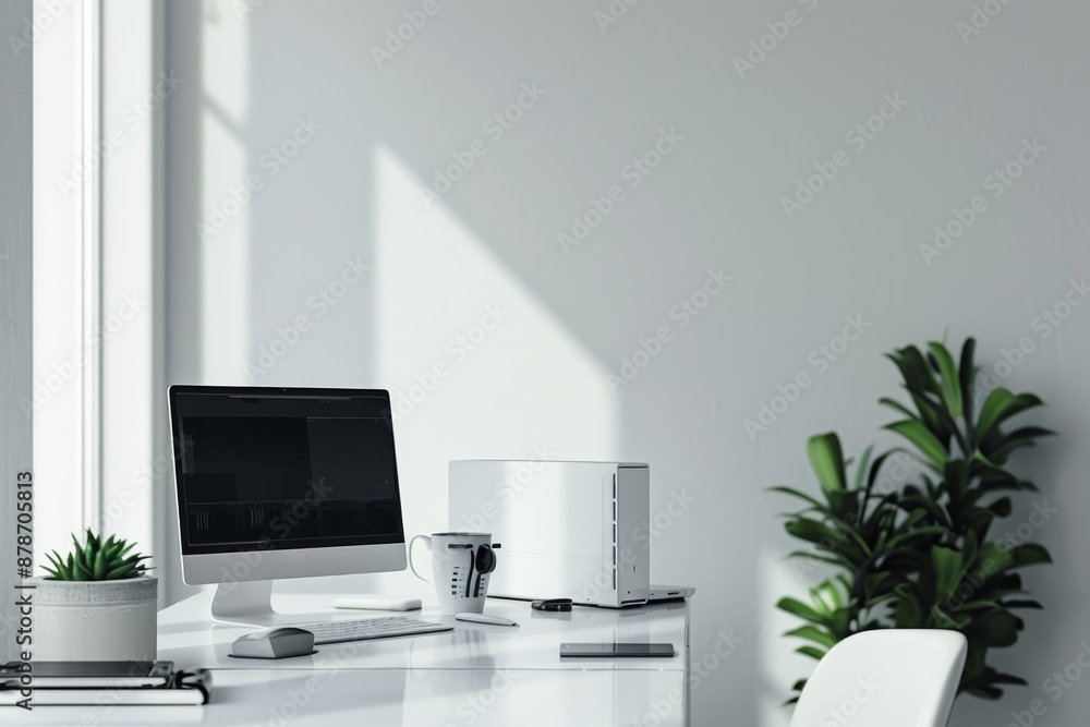Poster a clean white desk is set up with a computer monitor and keyboard, clean, minimalist aesthetic with 