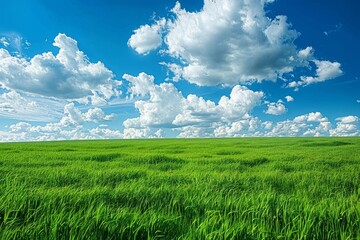 Obraz premium A large expanse of green grass stretches under a clear blue sky, Clear blue skies and fluffy white clouds above a lush green field