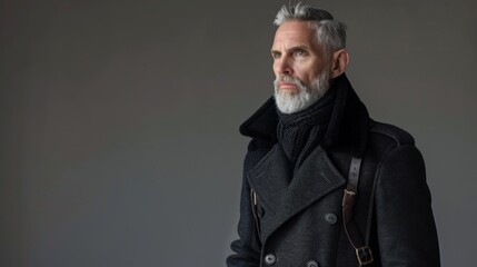 Fototapeta premium A man with silver hair and a beard looks thoughtfully into the distance