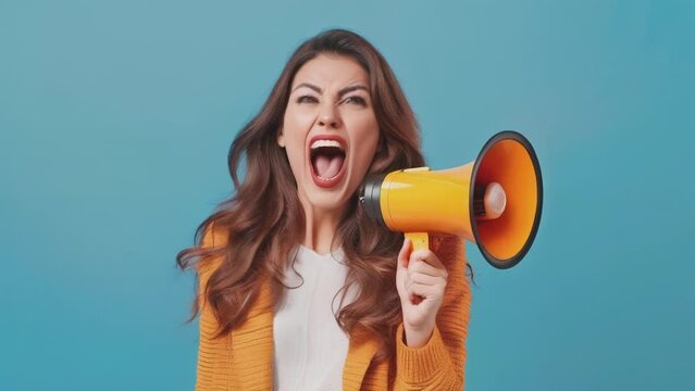 Woman screaming loudly into a megaphone on a blue background