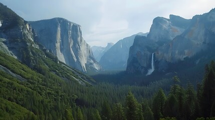 Obraz premium Yosemite National Park, USA: Iconic granite cliffs like El Capitan and Half Dome, lush valleys, and powerful waterfalls.