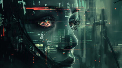 A hightech digital representation of a face overlaid with cybernetic elements and data streams in a futuristic cityscape portrays an innovative and futuristic concept of technology in urban settings