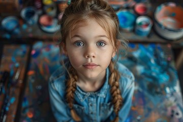 Fototapeta premium A young girl with long, blonde braids looks up at the camera, her blue eyes focused on the viewer. She is wearing a blue denim shirt