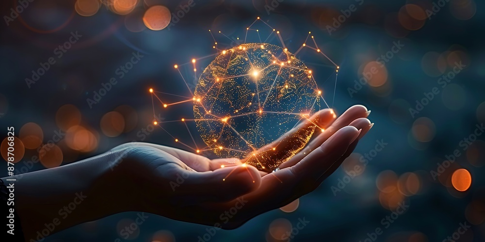 Poster abstract palm hands with global network connections, innovative technologies in the field of science