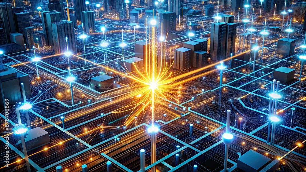 Poster futuristic network of glowing circuits and wires converging on a central hub, representing rapid dat