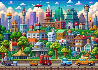 Obraz premium Vibrant pixel art cityscape featuring cartoonish vehicles, buildings, and creatures, such as cats, robots, and fantastical beasts, in a whimsical urban environment.