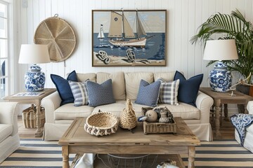 A living room filled with furniture, featuring nautical decorations and a painting on the wall, Coastal living room with nautical decorations and a breezy feel