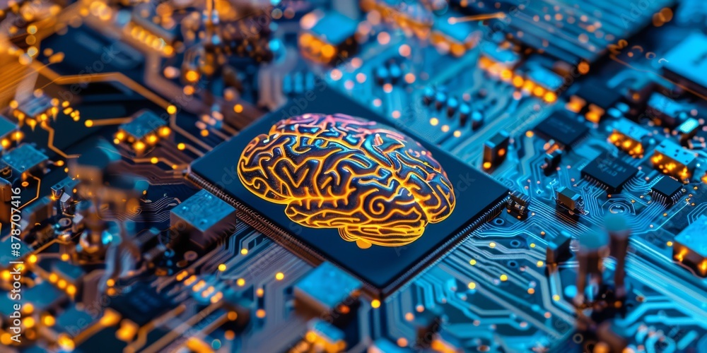 Poster a brain model symbolizes ai technology on a circuit board, blending digital innovation and cuttinged